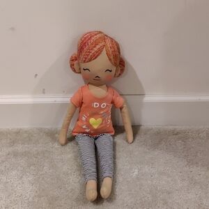 Plush Girls' Rag Pillow Doll in Coral Shirt and Striped Pants Vintage Y2K Cottag